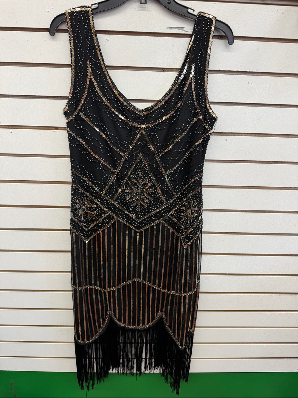 Fundaisy Beaded Fringe Gatsby Cocktail Dress Black Gold Size L